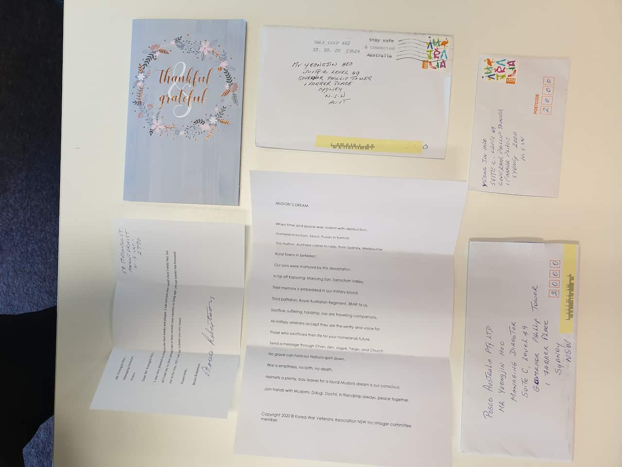 Thanks cards sent by Korean War veterans in Australia to POSCO