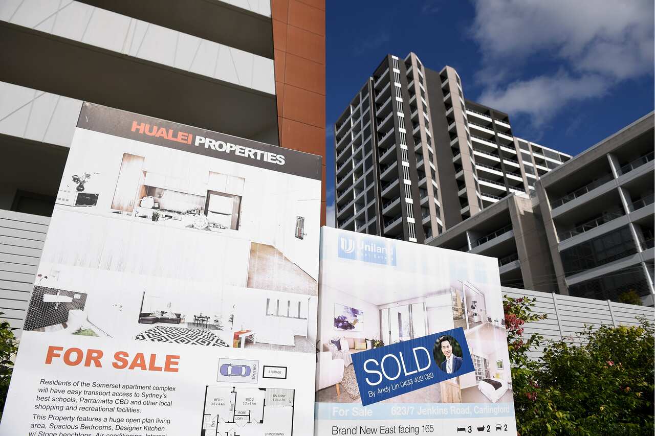 For Sale signs are seen outside a unit block in Sydney, Wednesday, October 28, 2020. (AAP Image/Dan Himbrechts) NO ARCHIVING