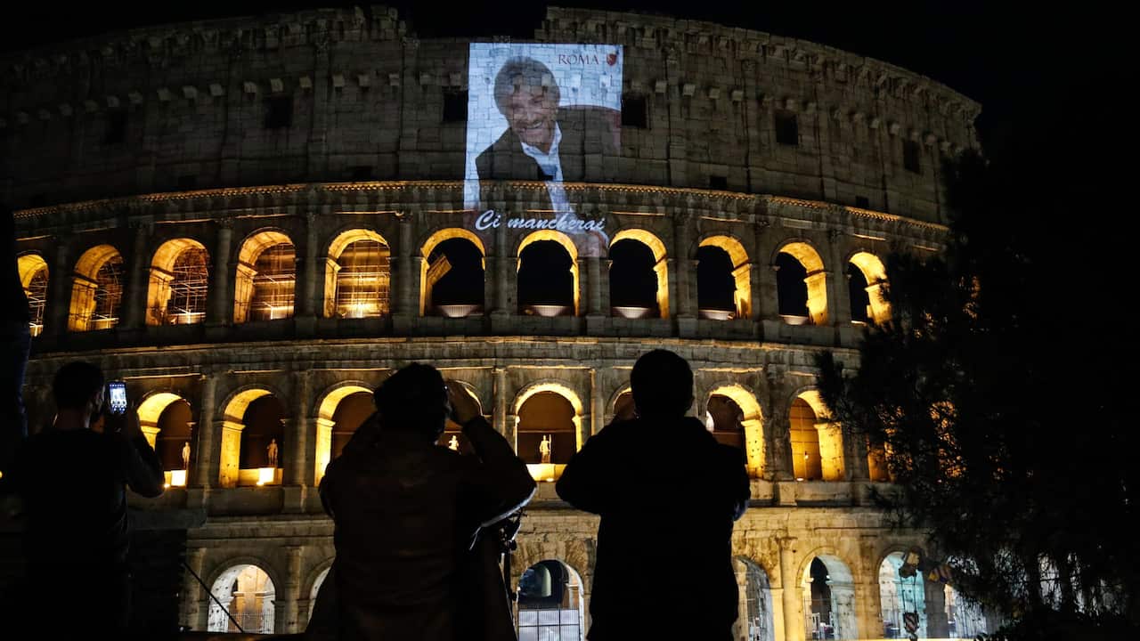 A photo of the Italian actor, comedian and musician, Gigi Proietti, projected on the Colosseum in Rome, Italy, 02 November 2020.