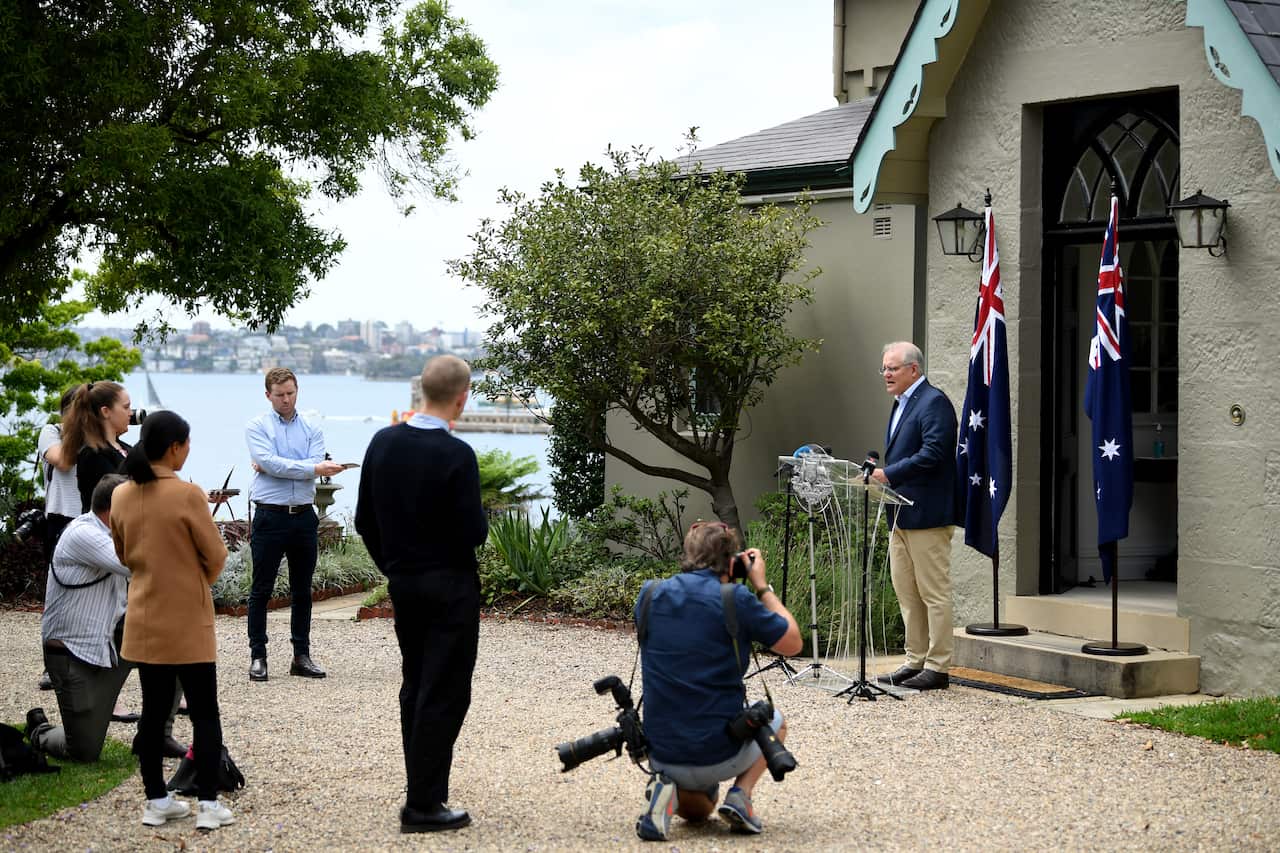 Prime Minister Scott Morrison addresses the media during a press conference at Kirribilli House in Sydney