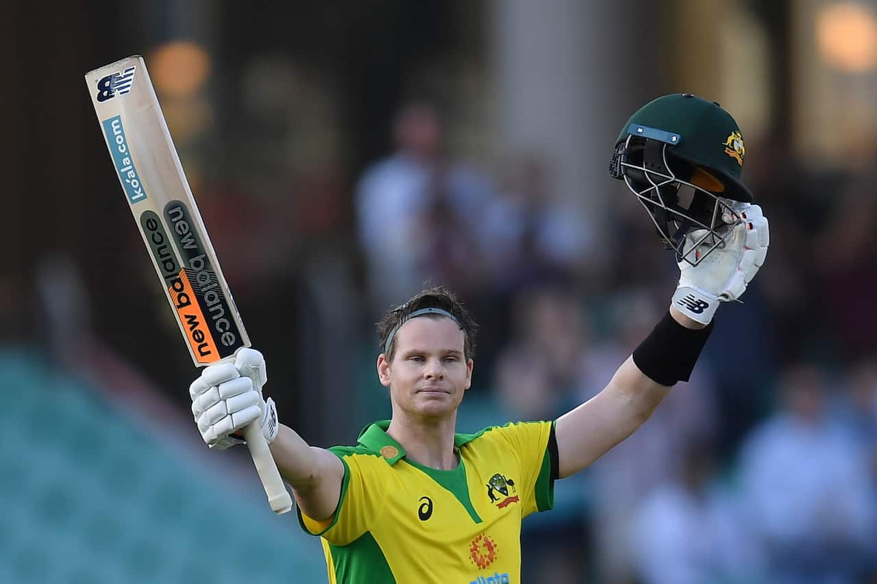 Steve Smith of Australia celebrates his 100 during the first ODI cricket match between Australia and India at the SCG in Sydney, Friday, November 27, 2020.