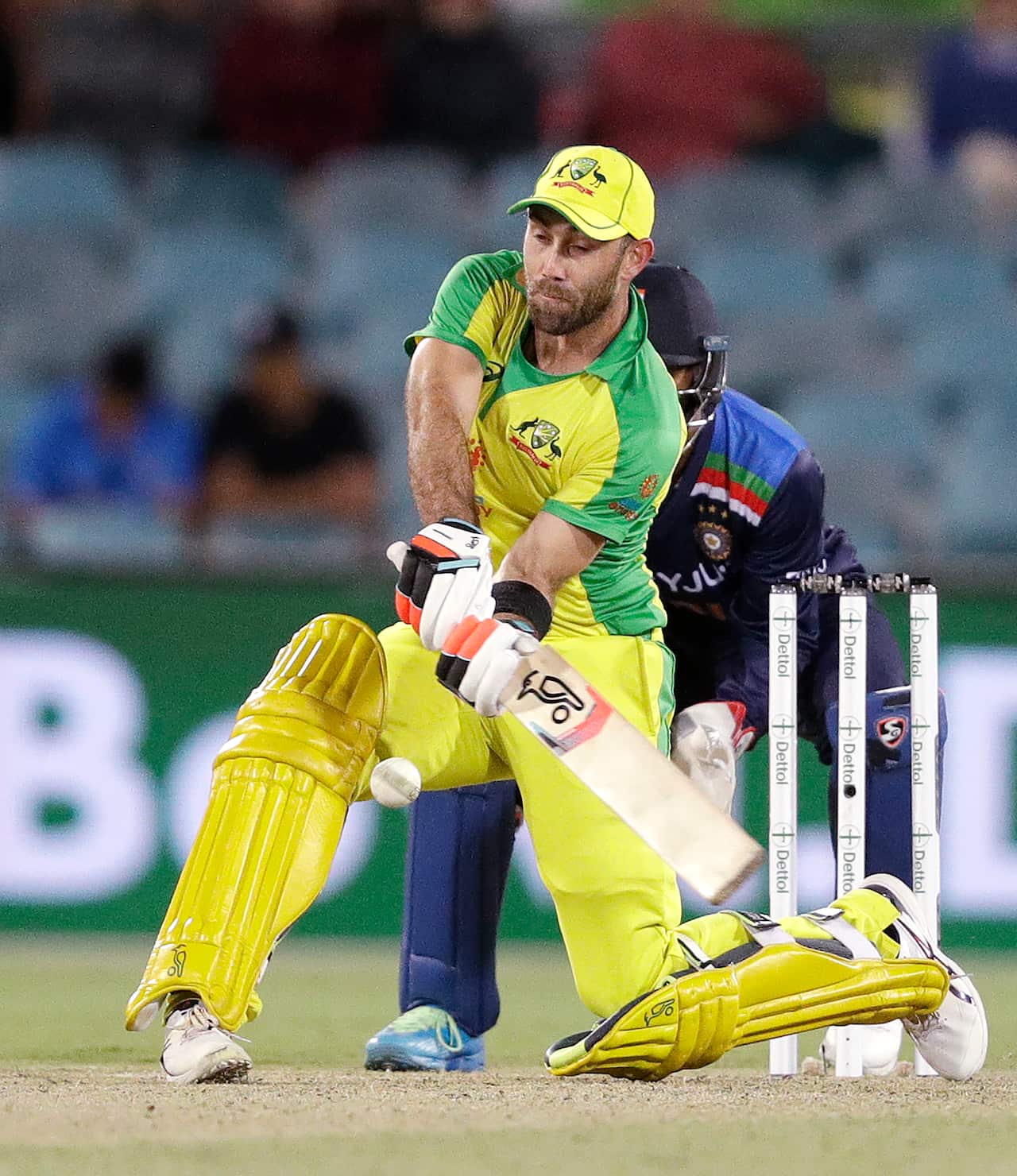 Australia's Glenn Maxwell bats against India during their one day international cricket match at Manuka Oval in Canberra, Australia, Wednesday, Dec. 2, 2020. (AP Photo/Mark Baker)