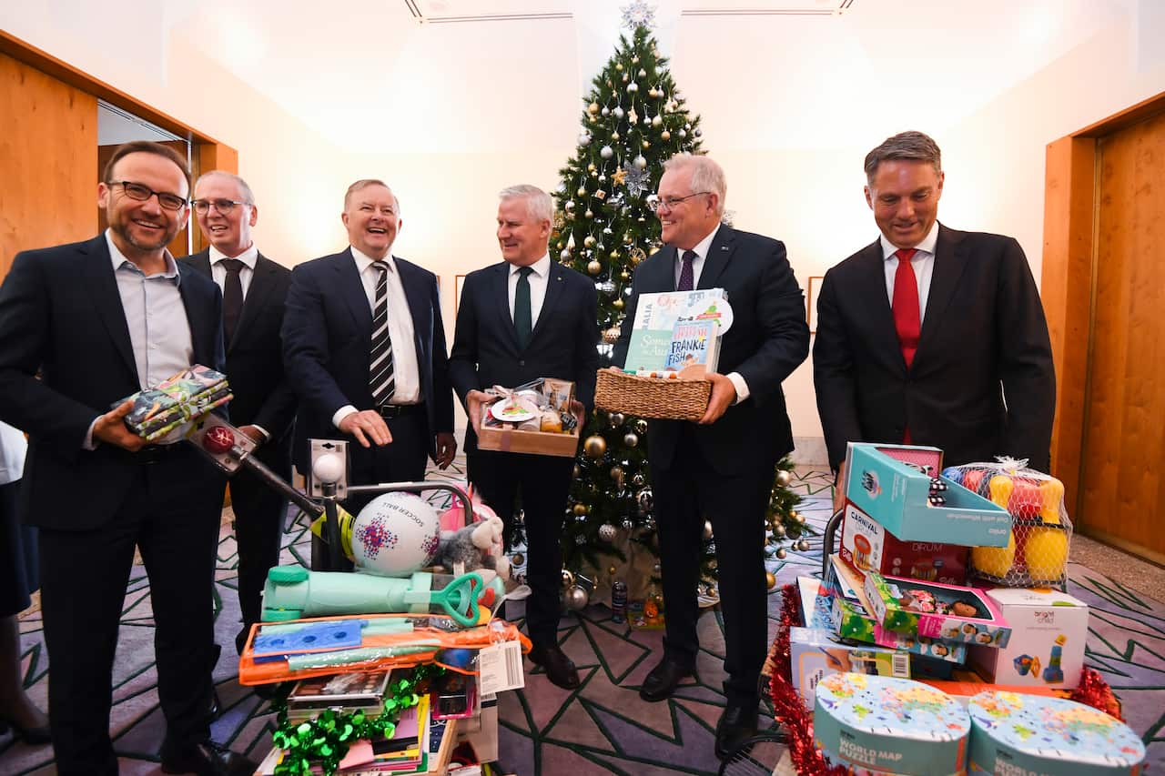 Australian Greens leader Adam Bandt, Opposition Leader Anthony Albanese, Deputy Prime Minister Michael McCormack, Prime Minister Scott Morrison and Deputy Opposition Leader Richard Marles