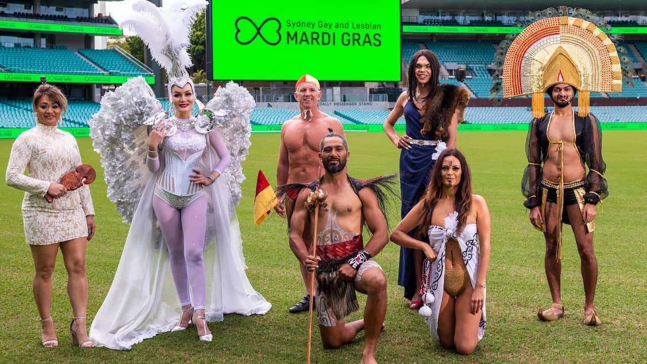 A supplied image obtained on Monday, December 7, 2020, of a Sydney Gay and Lesbian Mardi Gras announcement at the Sydney Cricket Ground. 