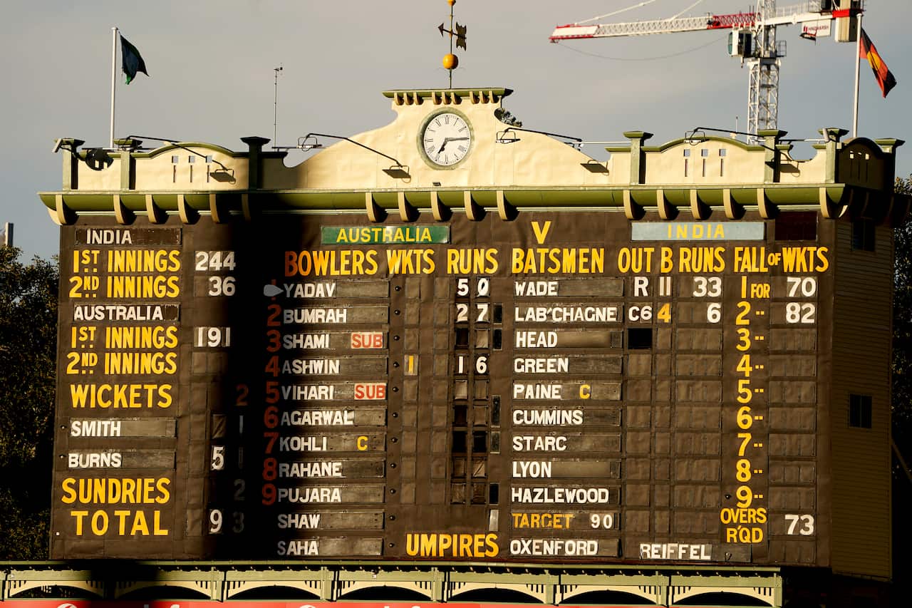 The scoreboard is seen showing the Indian 2nd innings total of 36 following Australia victory on day 3 of the first Test Match between Australia and India.