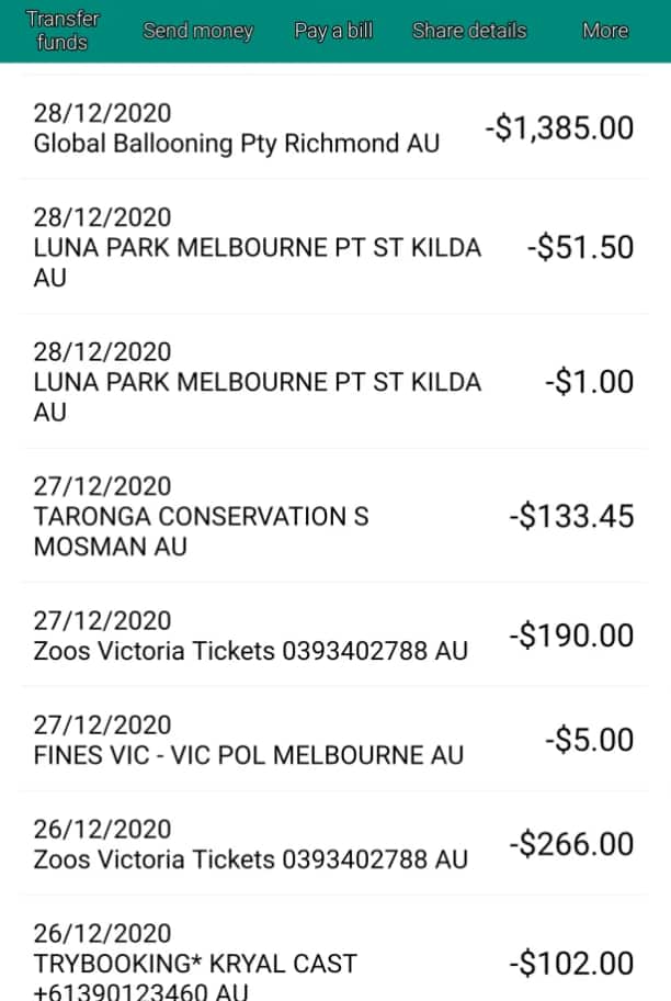 These credit card charges were discovered by an Adelaide woman who never left South Australia.