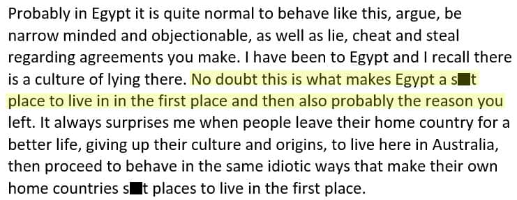 Excerpt of the alleged email sent to Antoine from his former employer.