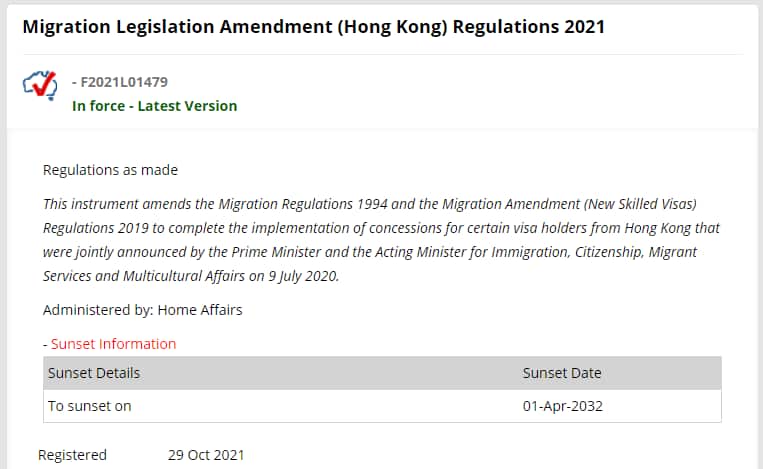 Sunset information for Migration Legislation Amendment (Hong Kong) Regulations 2021