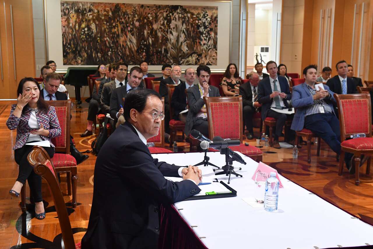 China’s Ambassador to Australia Cheng Jingye at a press conference at his residence in Canberra. Wednesday, April 7, 2021. (AAP Image/Mick Tsikas) NO ARCHIVING