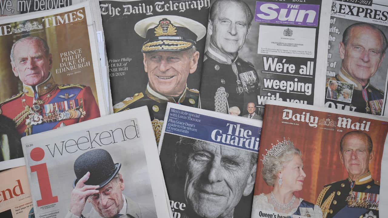 A display of newspaper front pages following the announcement on Friday April 9, of the death of the Duke of Edinburgh at the age of 99. Picture date: Saturday April 10, 2021