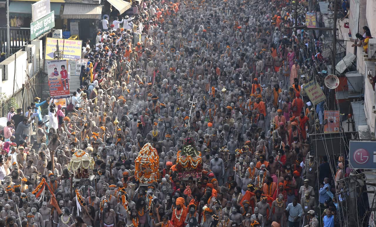 Thousands of pilgrims gather for the mass Hindu pilgrimage which occurs every twelve years and rotates among four locations. EPA/IDREES MOHAMMED