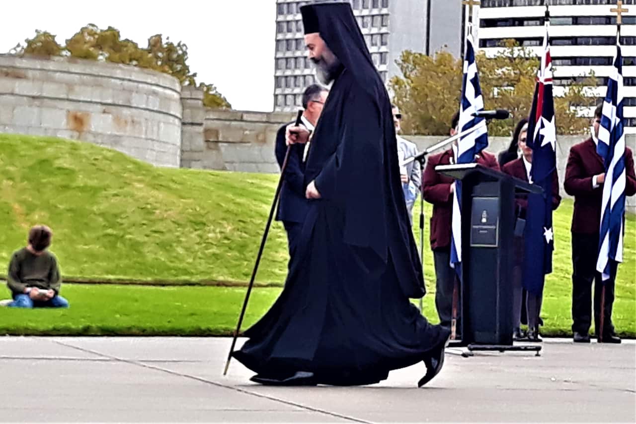 Archbishop Makarios at the Shrine of Remembrance, Melbourne. 