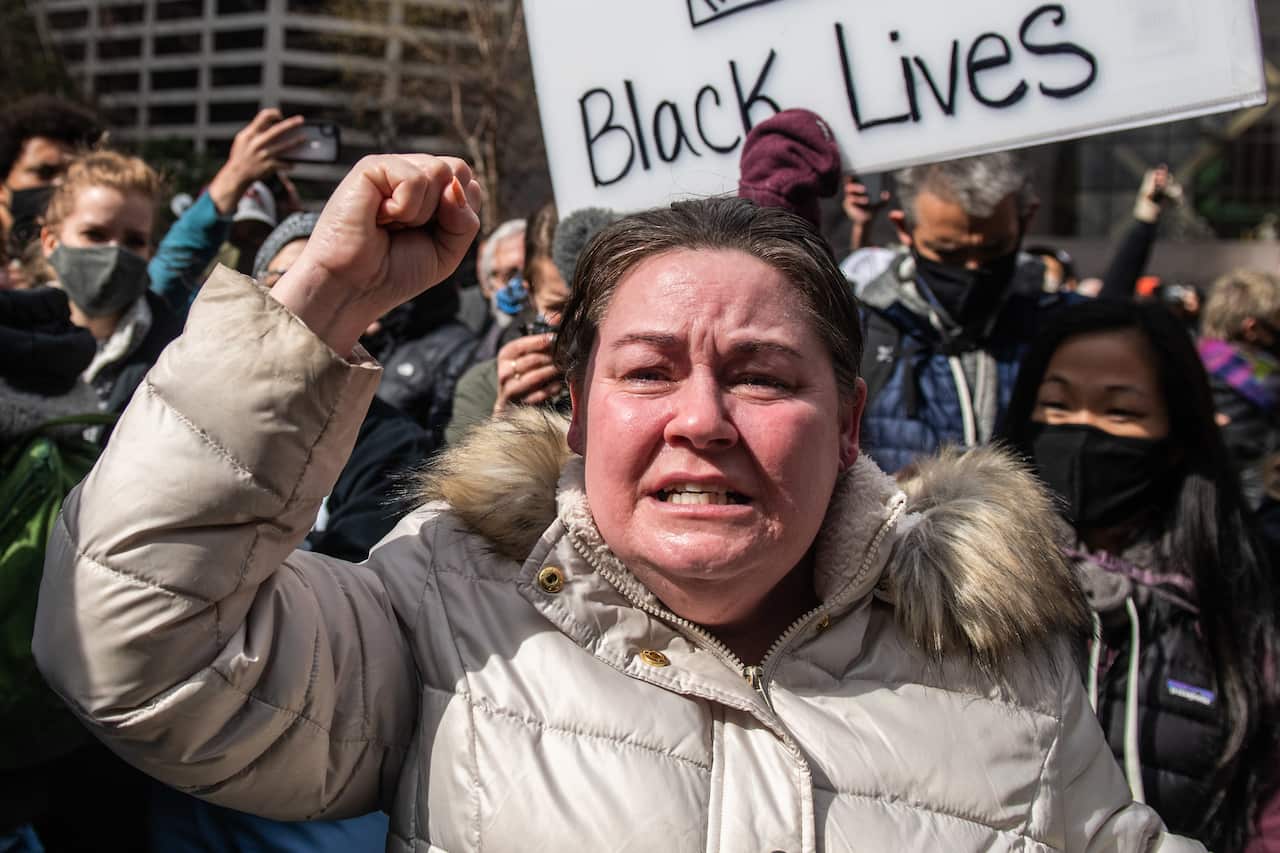People react to the Derek Chauvin Trial Verdict outside the Hennepin County Courthouse on April 20, 2021 in Minneapolis, Minnesota. Photo: Chris Tuite/imageSPACE/Sipa USA