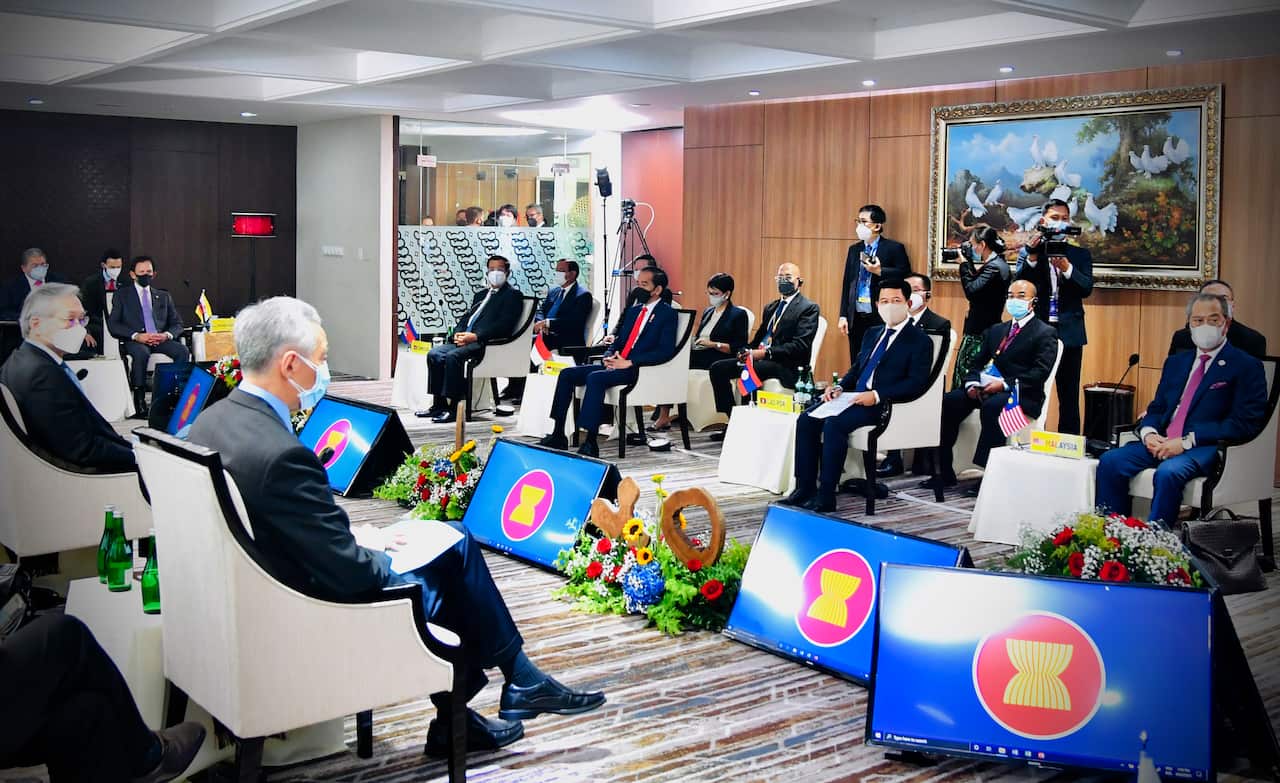 ASEAN leaders during their meeting at the ASEAN Secretariat in Jakarta, Indonesia, Saturday, April 24, 2021.