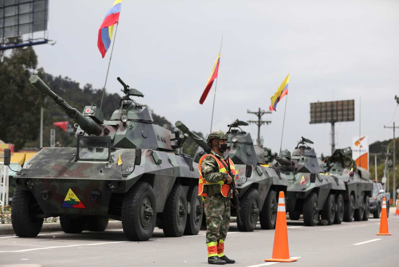 Soldiers and army tanks in Bogota, Colombia
