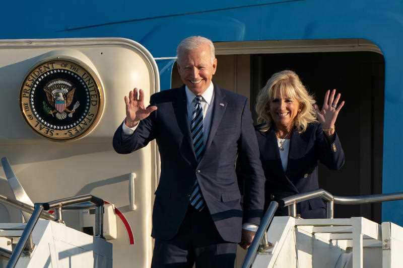 US President Joe Biden and First Lady Jill Biden arrive on Air Force One at RAF Mildenhall in Suffolk, ahead of the G7 summit in Cornwall.