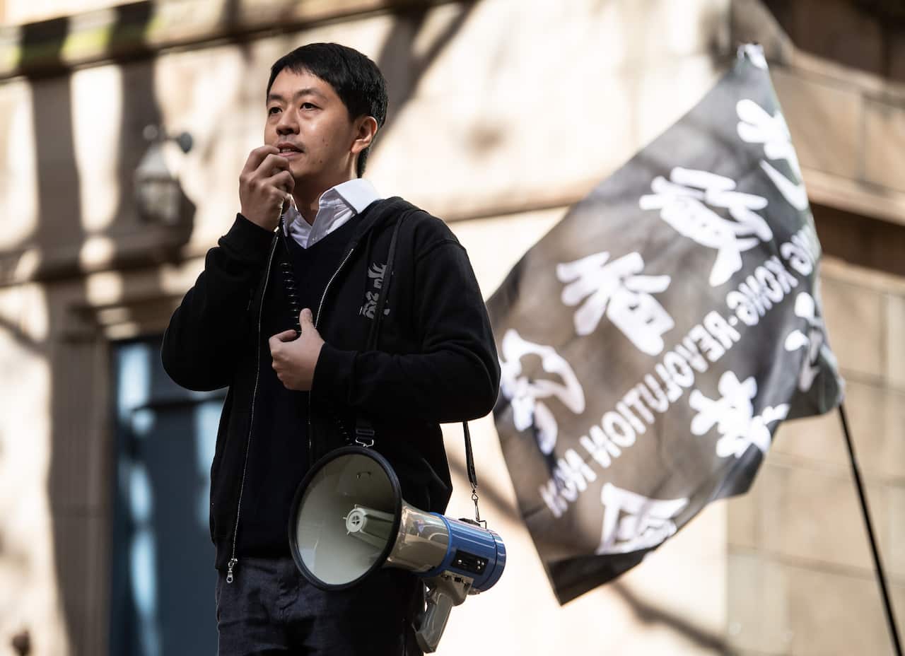 Former Hong Kong Politician Ted Hui speaking during a 2021 rally to show concern for the increasing Chinese influence in Australia.