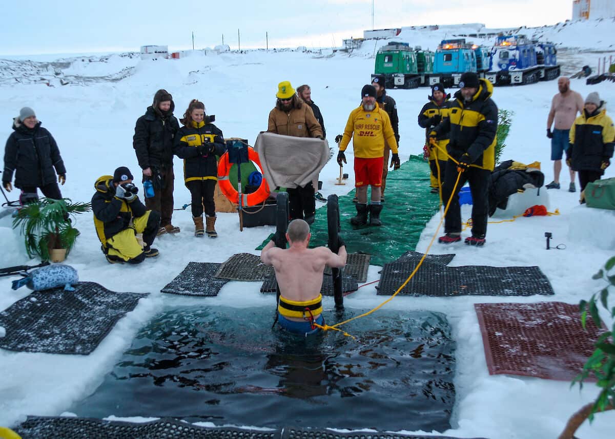 Midwinter Day in Antarctica celebrated with ice-hole plunge
