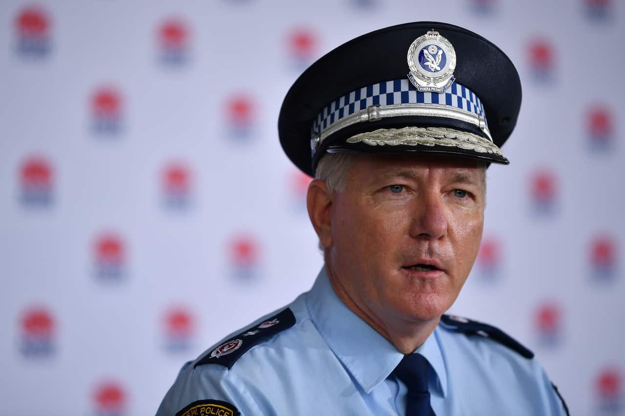 NSW Police Commissioner Mick Fuller speaks to media during a COVID-19 update in Sydney, Monday, June 28, 2021. (AAP Image/Joel Carrett) NO ARCHIVING