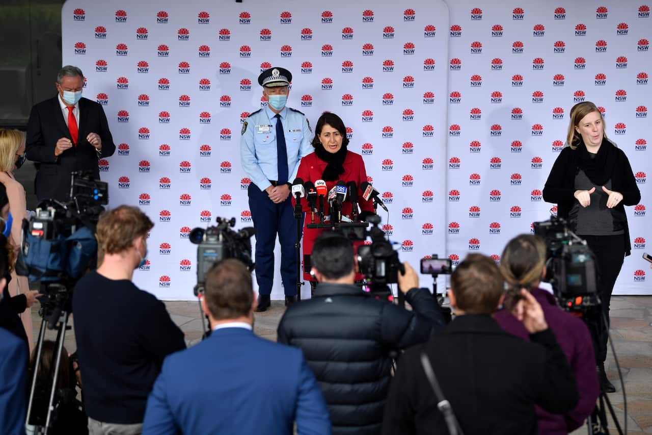 NSW Premier Gladys Berejiklian speaks to media during a COVID-19 update in Sydney, Monday, June 28, 2021. (AAP Image/Joel Carrett) NO ARCHIVING
