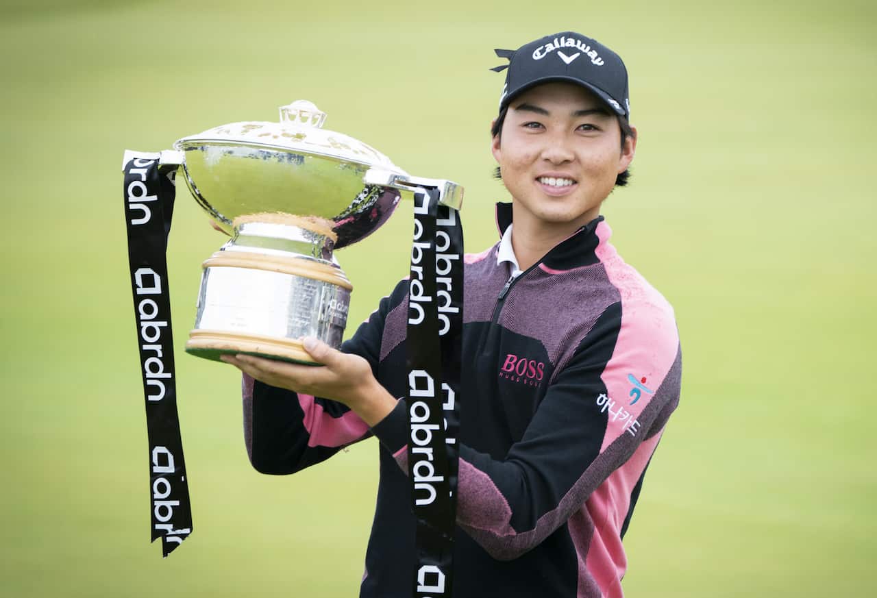 Min Woo Lee on the 18th after winning the Aberdeen Standard Investments Scottish Open at The Renaissance Club.