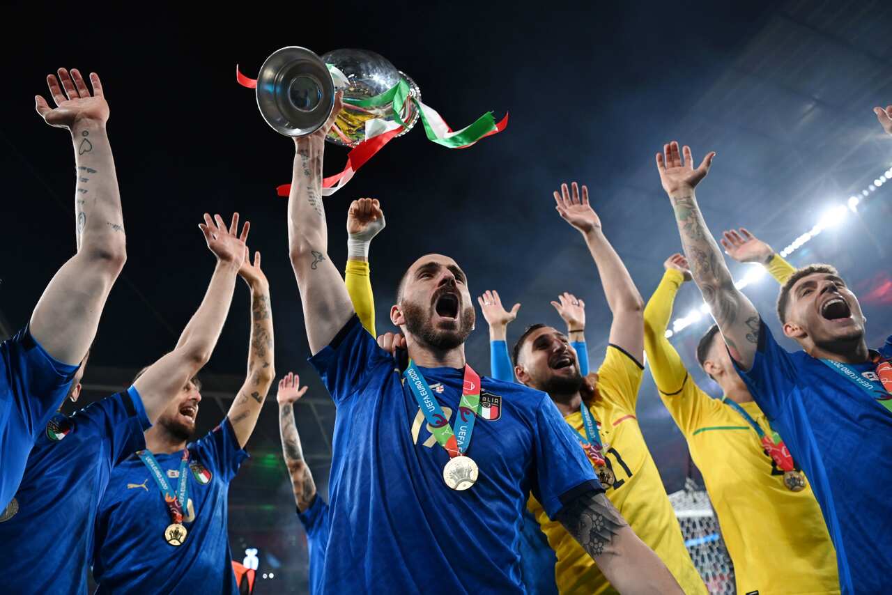 Leonardo Bonucci celebrate the victory of the Italian national team at the 2020 European Championships at Wembley Stadium. 