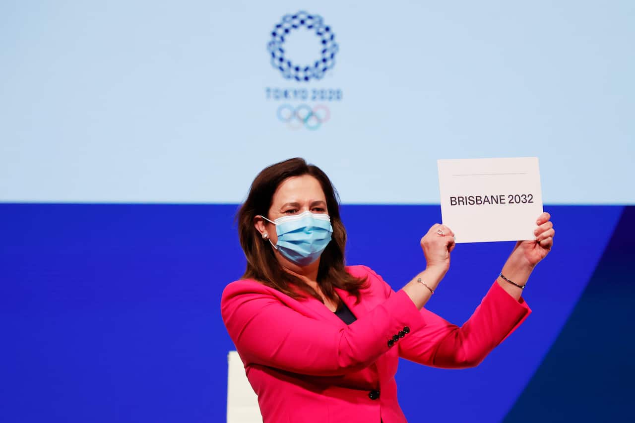 Annastacia Palaszczuk celebrates after Brisbane was announced as the 2032 Summer Olympics host city during the 138th IOC Session in Japan.