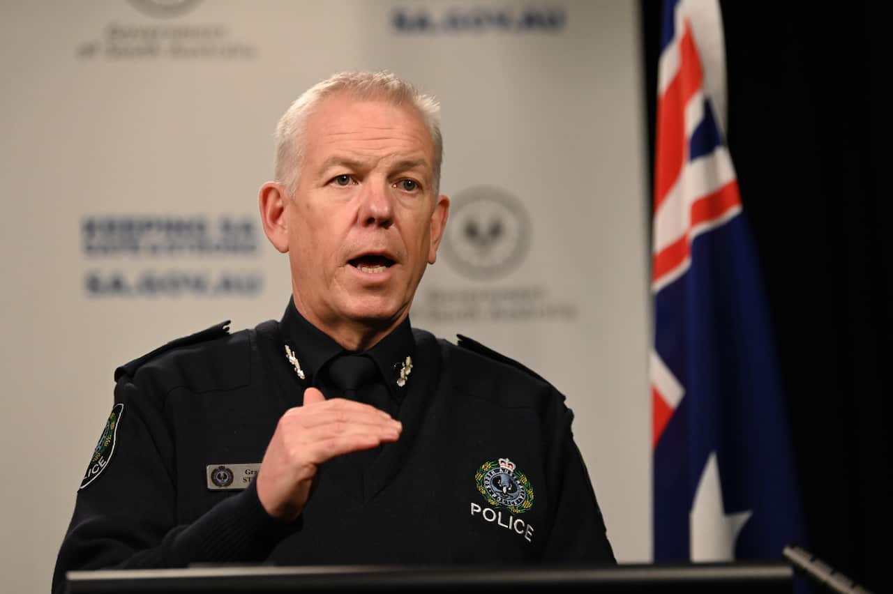 South Australia Police Commissioner Grant Stevens speaks to the media during a press conference in Adelaide, Thursday, July 22, 2021. (AAP Image/Pool, Naomi Jellicoe) NO ARCHIVING