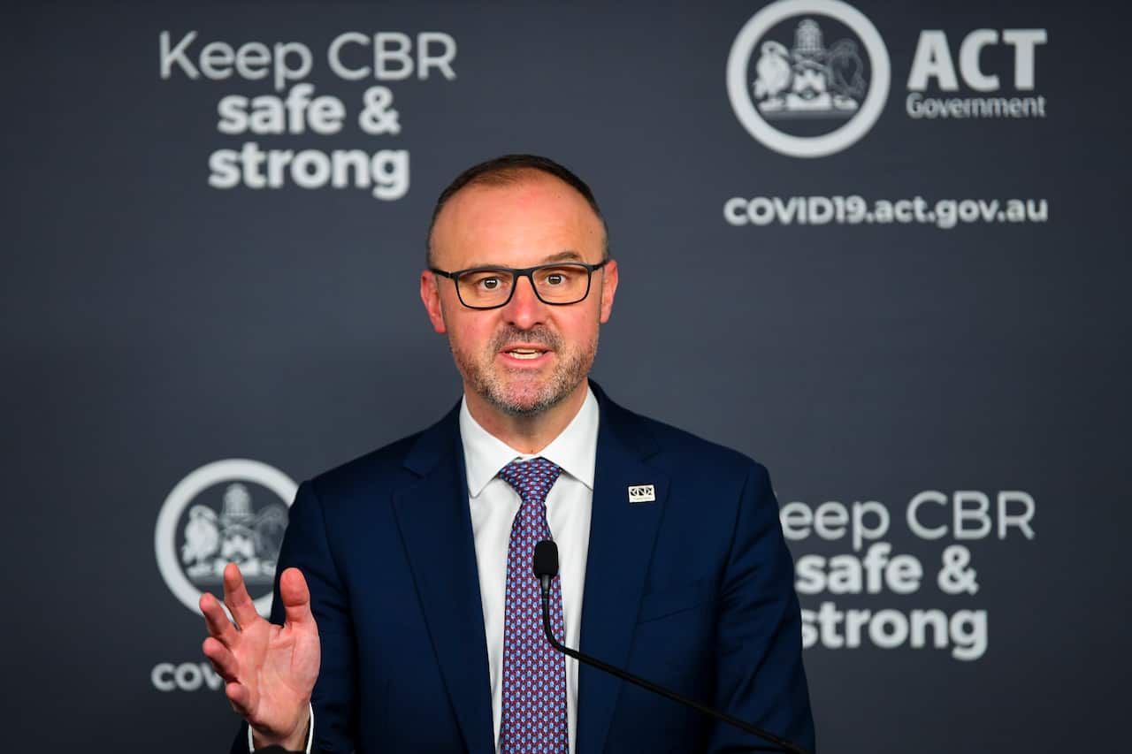 ACT Chief Minister Andrew Barr speaks to the media during a press conference in Canberra, Friday, August 13, 2021. (AAP Image/Lukas Coch) NO ARCHIVING