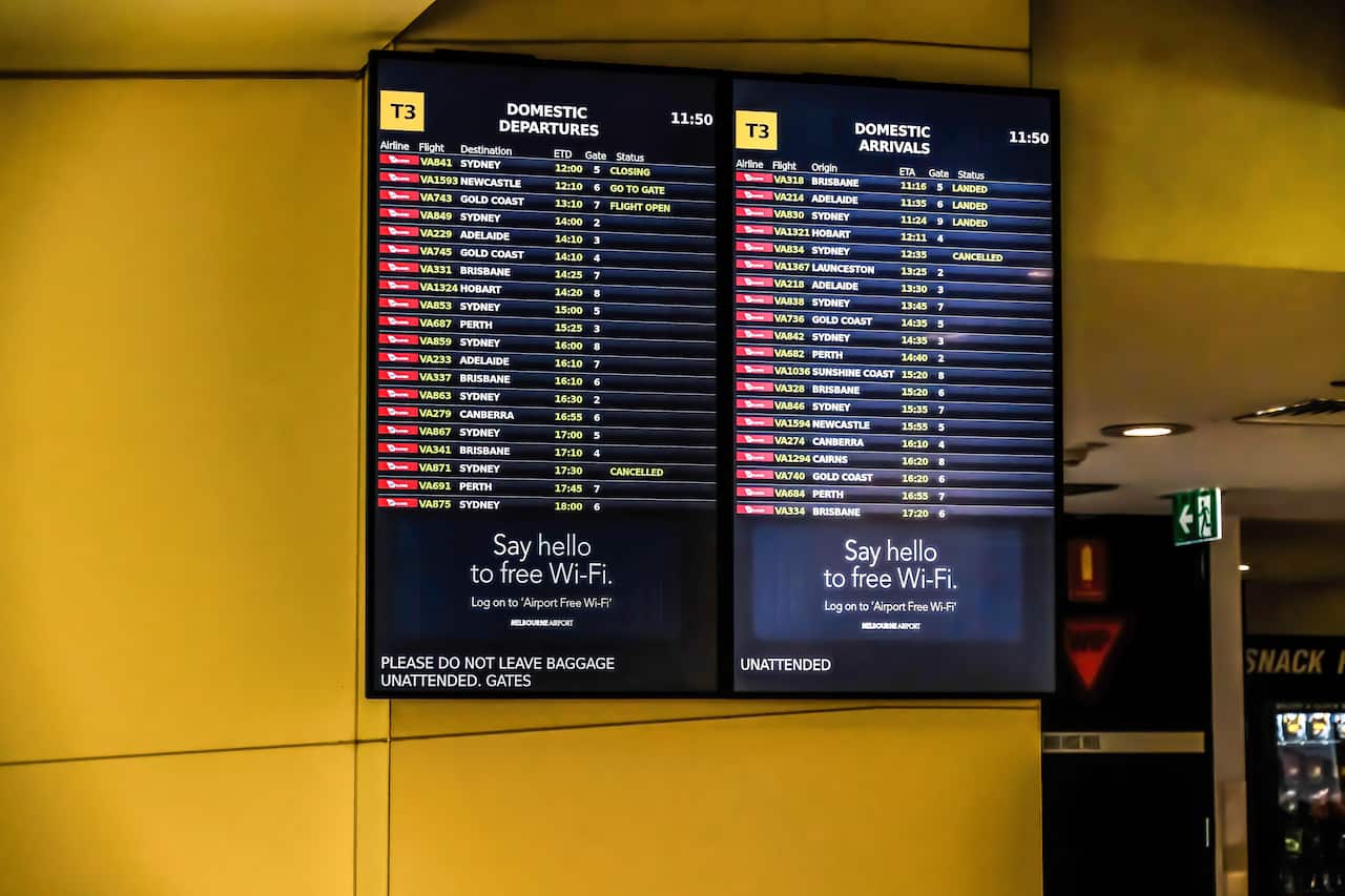 Domestic flights electronic display with scheduled flights at T3 Virgin Australia Terminal of the Melbourne Airport. (Photo by Alexander Bogatyrev / SOPA Image/Sipa USA)