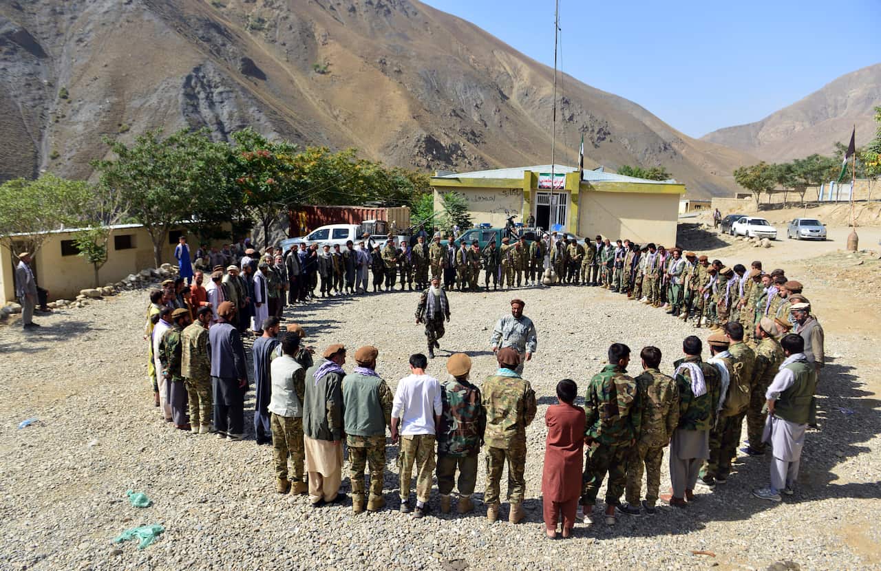 Militiamen loyal to Ahmad Massoud, son of the late Ahmad Shah Massoud, take part in a training exercise, in Panjshir province, northeastern Afghanistan, Monday, Aug. 30, 2021. The Panjshir Valley is the last region not under Taliban control following thei
