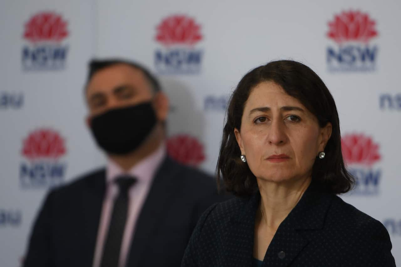 NSW Premier Gladys Berejiklian and Deputy Premier John Barilaro speak to the media during a press conference in Sydney, Friday, August 3, 2021. (AAP Image/Dean Lewins) NO ARCHIVING