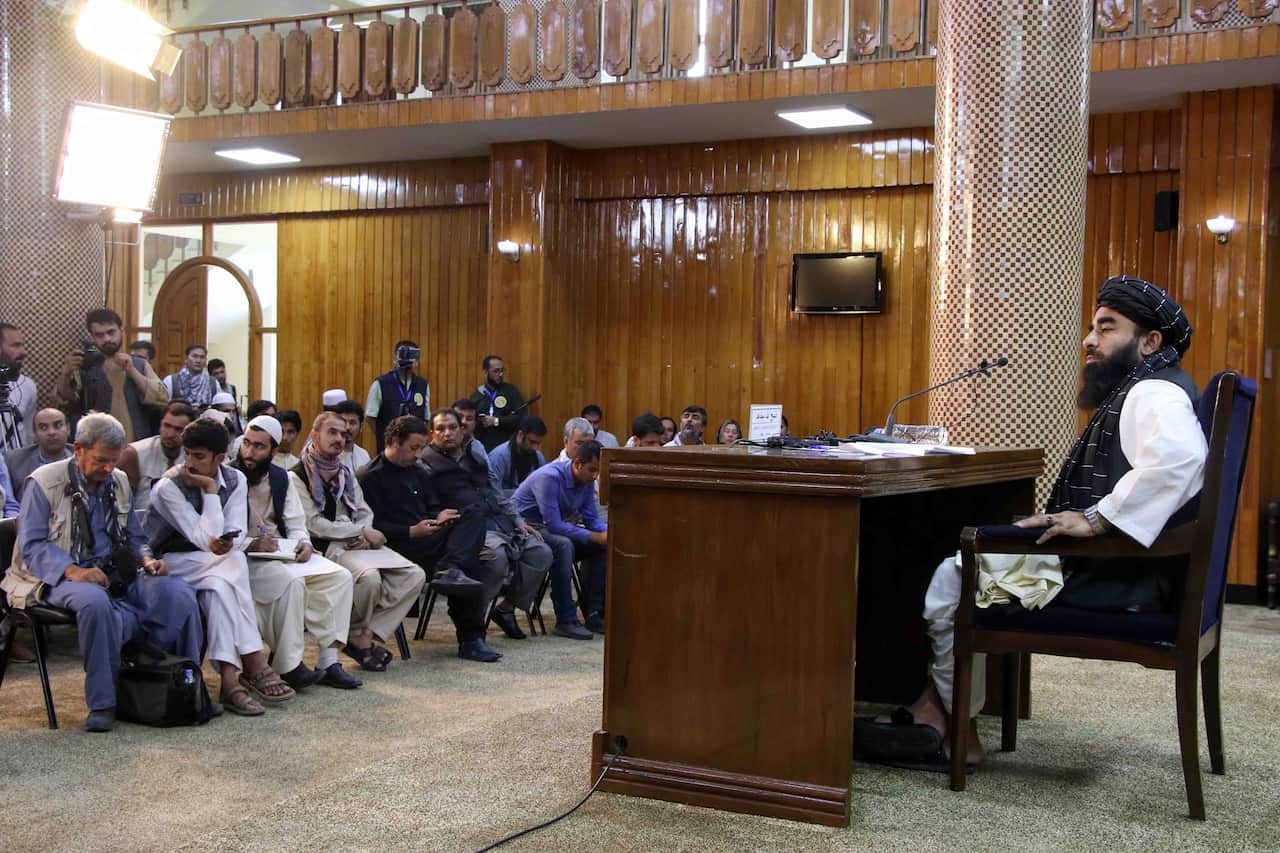Taliban spokesperson talks with journalists during a press conference in Kabul, Afghanistan, 06 September 2021. The Taliban on 06 September, claimed that their Afghan takeover was complete after they captured Panjshir, the last province held by resistance