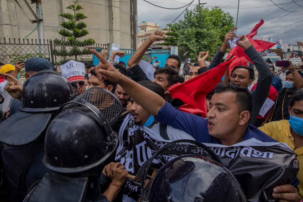 , Nepal, 06 September 2021. Nepalese student activists protested against American Millennium Challenge Corporation (MCC) saying it's against the country benefit. The MCC is an American programme under which Nepal would receive $500 million in grants from 