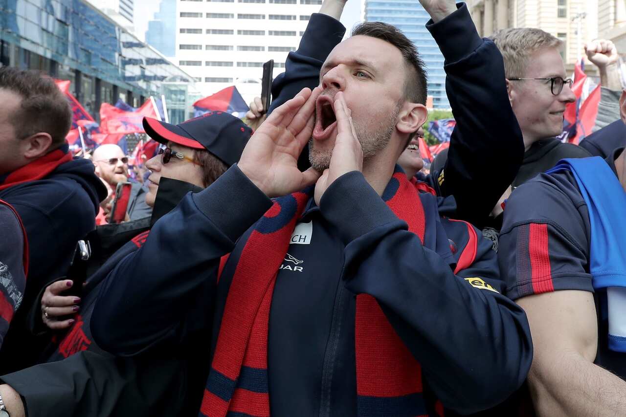 Demons fans are seen during a Grand Final Winners Celebration event at Forrest Place in Perth