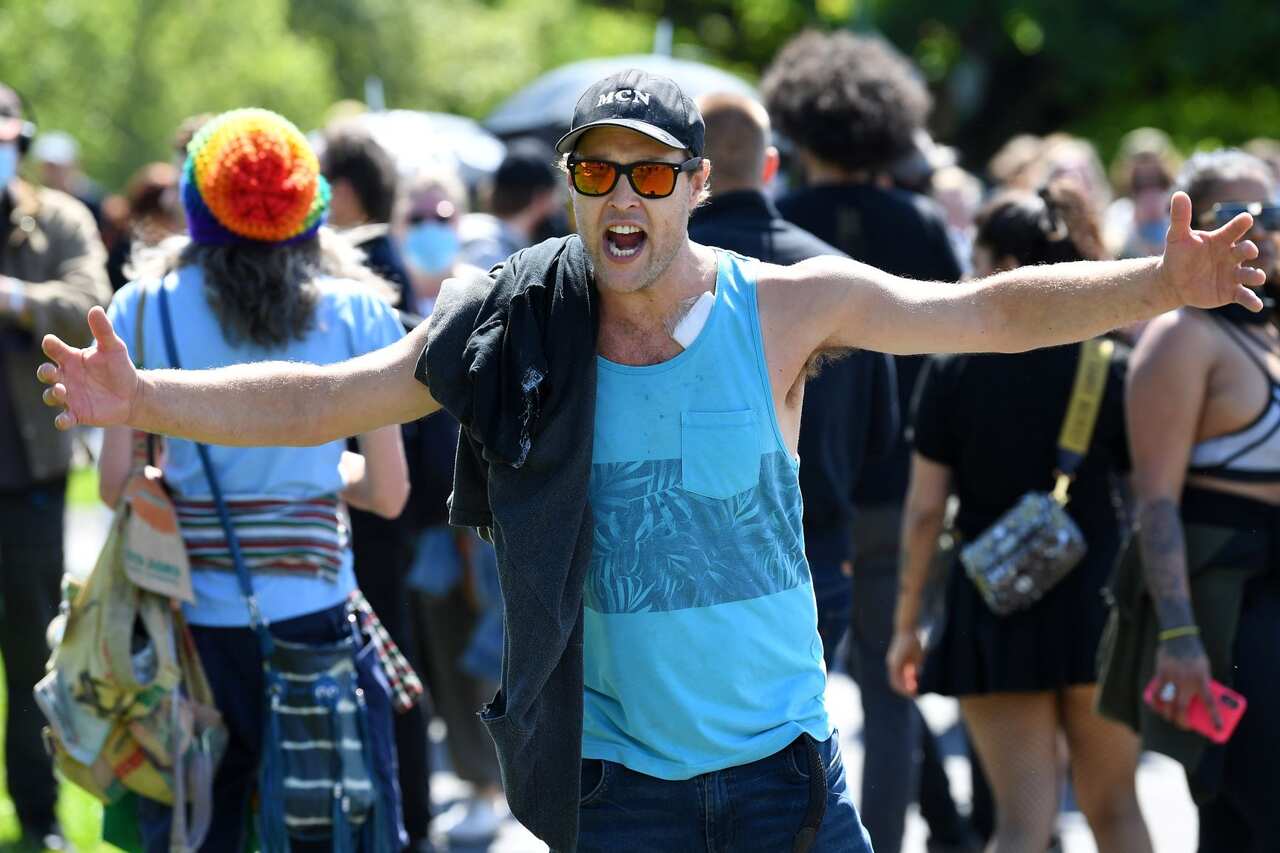 Protesters are seen during an anti-mandatory vaccination protest in Melbourne, October 2, 2021. 