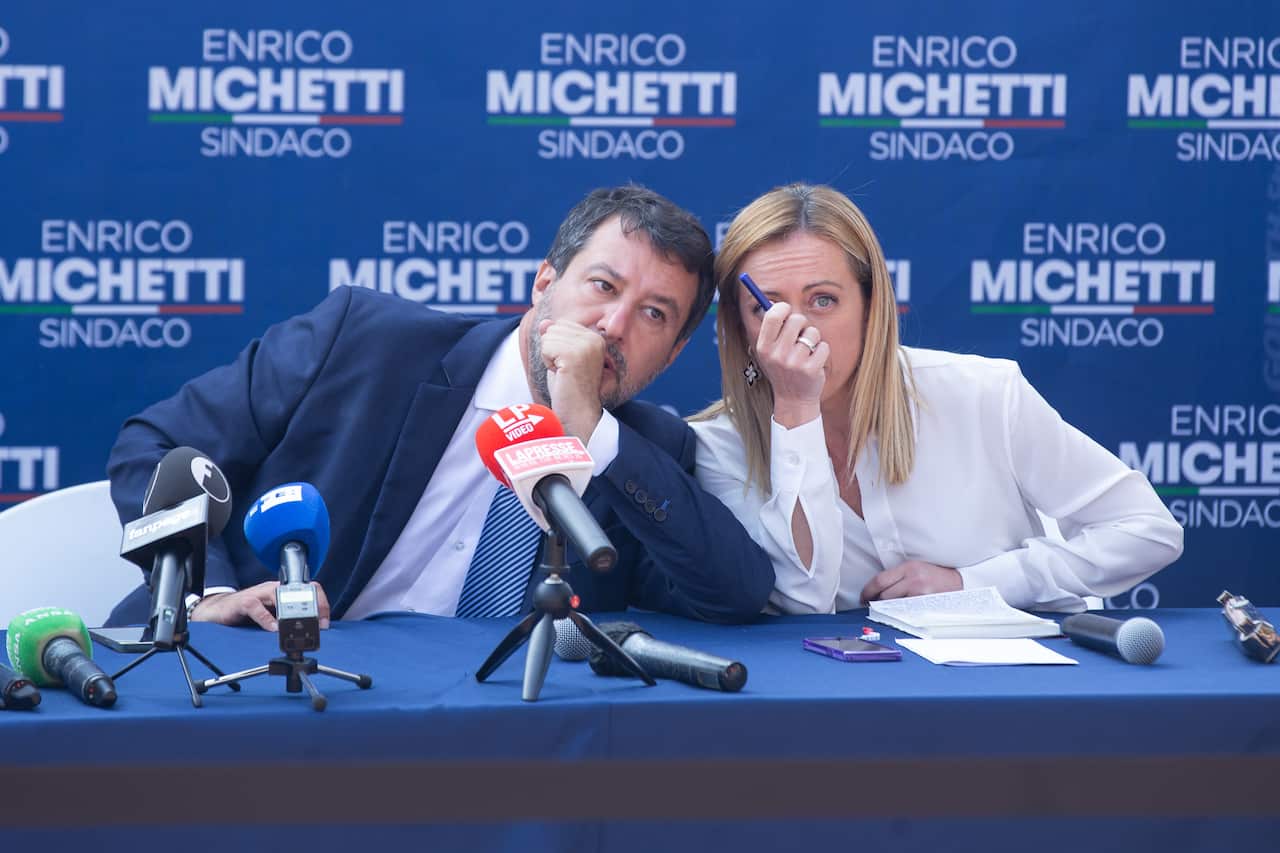 Matteo Salvini e Giorgia Meloni, divisi nell'appoggio al governo Draghi ma uniti nel sostegno a Enrico Michetti, candidato del centrodestra a Roma 