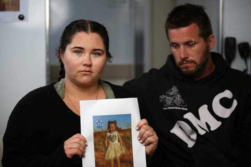 Cleo Smith’s mother Ellie Smith and her partner Jake Gliddon, speak about her disappearance from a police truck at Blowholes campsite, outside Carnarvon in Western Australia, Tuesday, October 19, 2021.