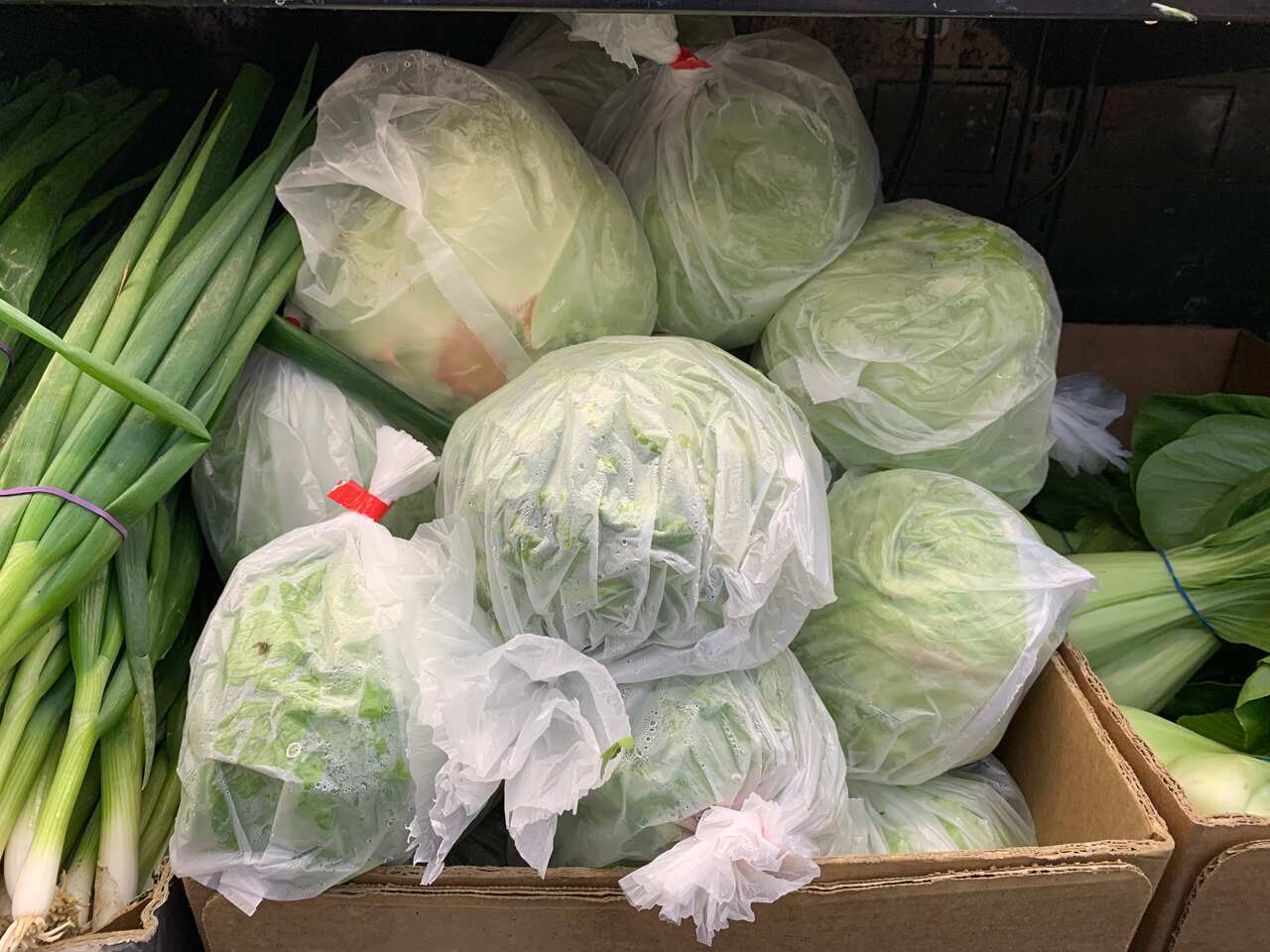 Lettuces wrapped in plastic bags at an Asian grocery story. 