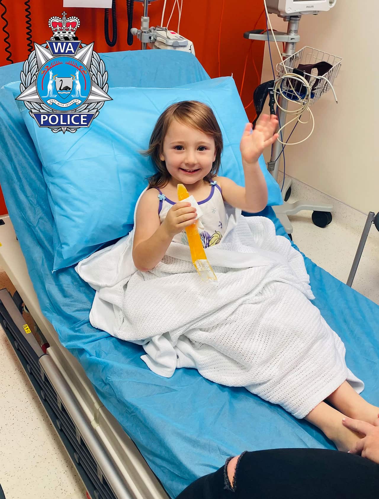 A supplied image obtained on Wednesday, November 3, 2021, of Four-year-old Cleo Smith recovering in hospital. Cleo has been found alive and well by West Australian police, locked in a property just minutes away from her family's home.