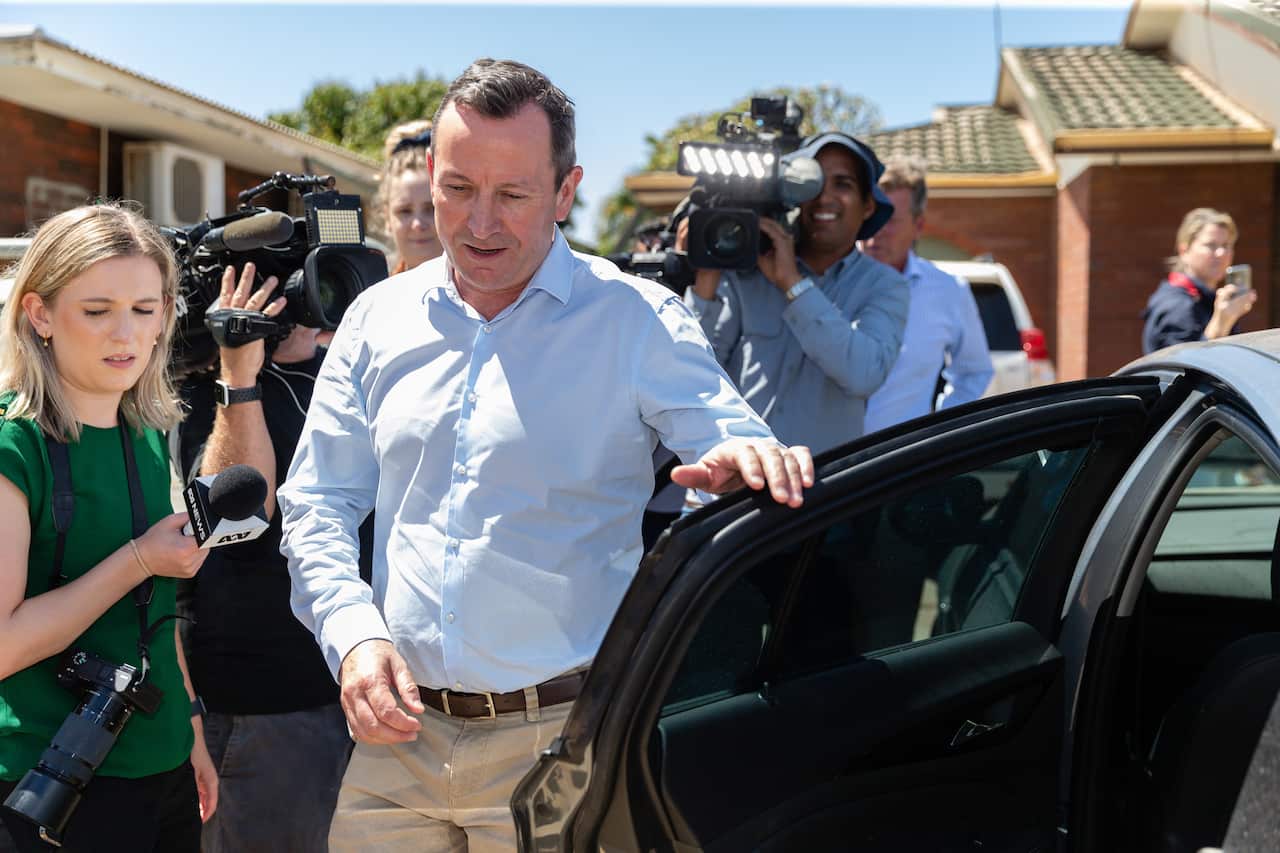 West Australian Premier Mark McGowan in is seen leaving after a meeting with Cleo Smith and her parents at a house in Carnarvon, 900km north of the capital Perth in Western Australia, Thursday, November 4, 2021. Four-year-old Cleo Smith has been found ali