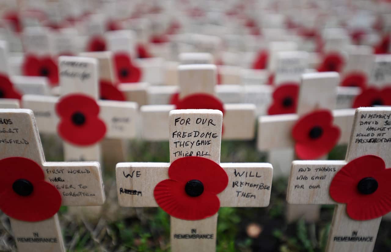 Poppy crosses lie in the grounds of Westminster Abbey at the Field of Remembrance in London, Britain, 08 November 2021. Each year a few days prior to November 11, the grounds of Westminster Abbey become the Field of Remembrance to honour Britain's war dea