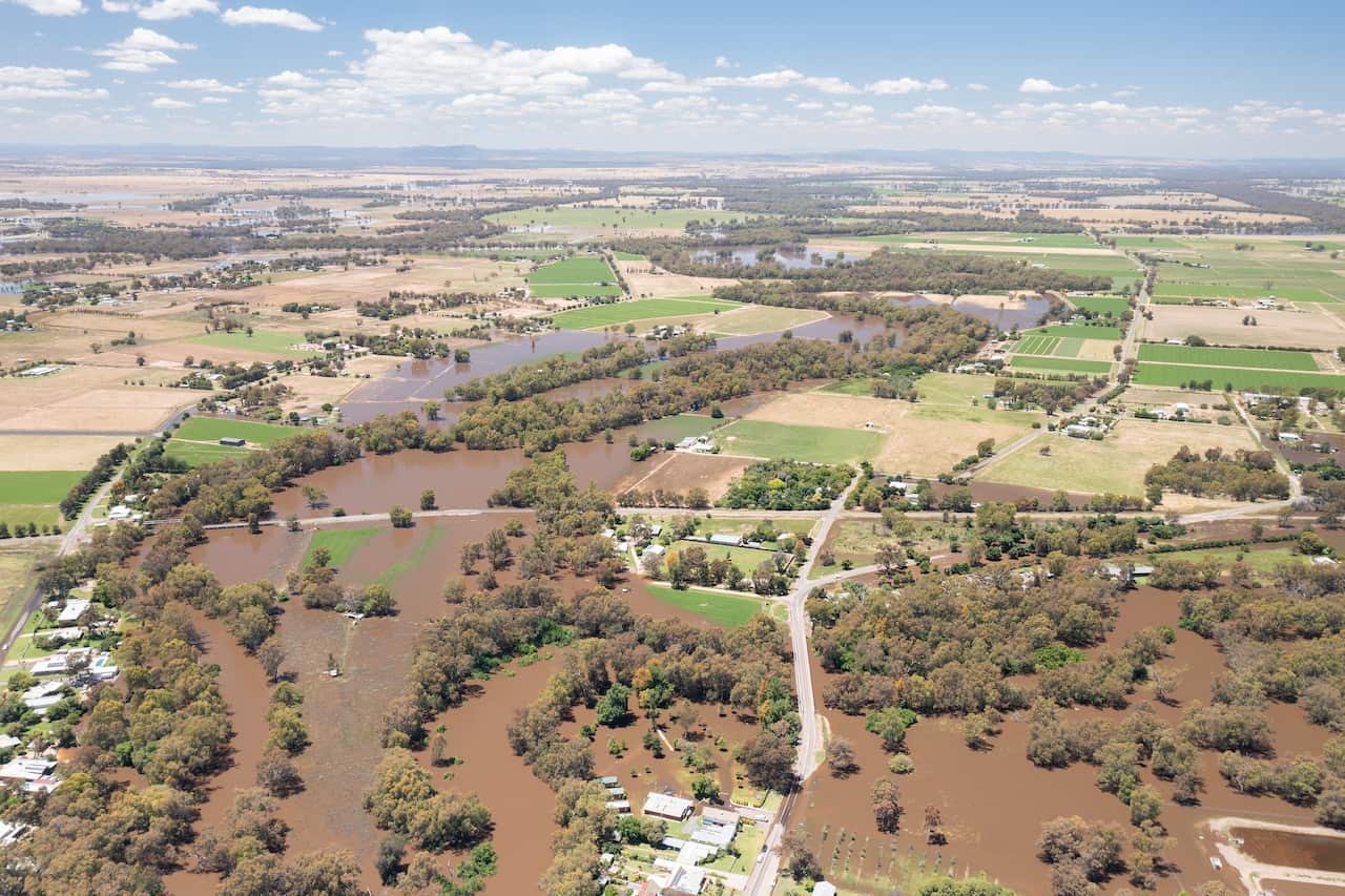 An image captured by an arial drone shows floodwaters seen around the Lachlan River in the town of Forbes, NSW, Wednesday, November 17, 2021. Hundreds of people have been evacuated from homes in Forbes in the NSW central west after a local river exceeded 
