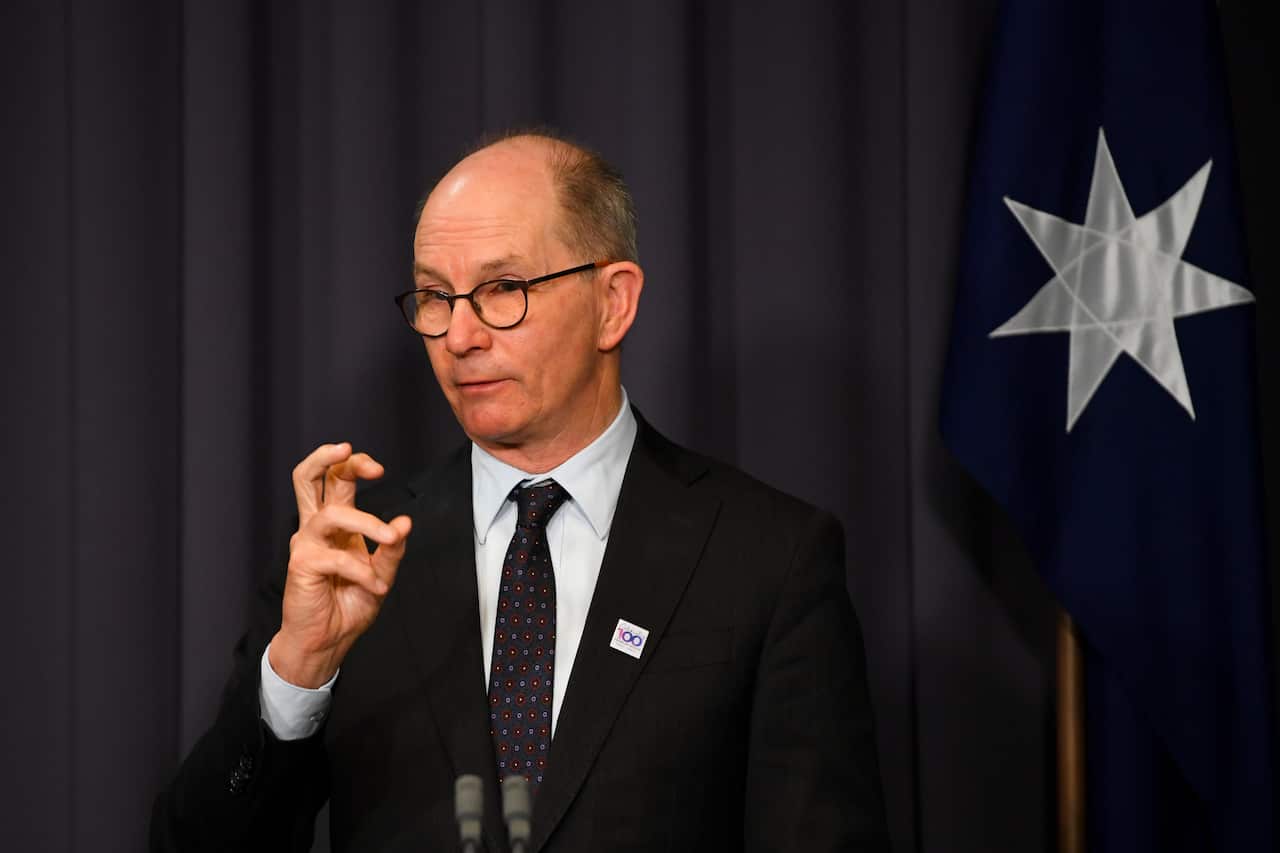 Australia’s Chief Medical Officer Paul Kelly speaks to the media during a press conference at Parliament House in Canberra, Monday, November 29, 2021. (AAP Image/Lukas Coch) NO ARCHIVING