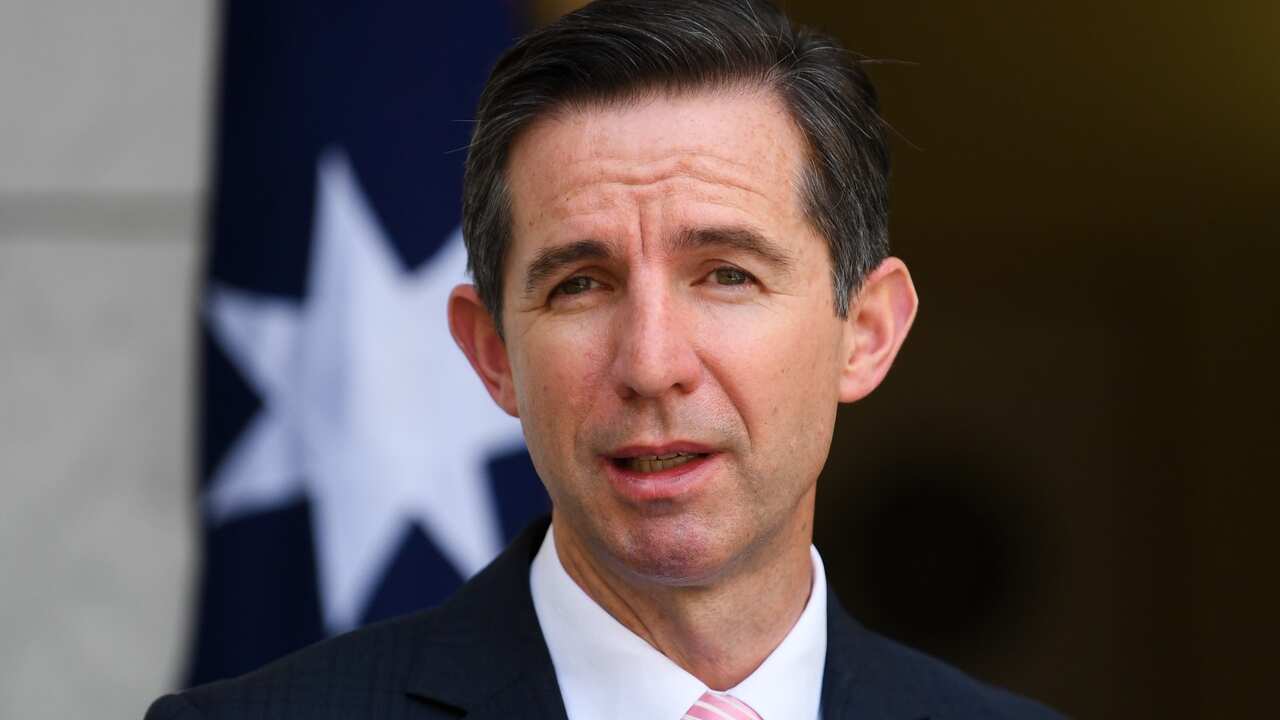 Australian Finance Minister Simon Birmingham speaks during a press conference at Parliament House in Canberra, Tuesday, November 30, 2021.