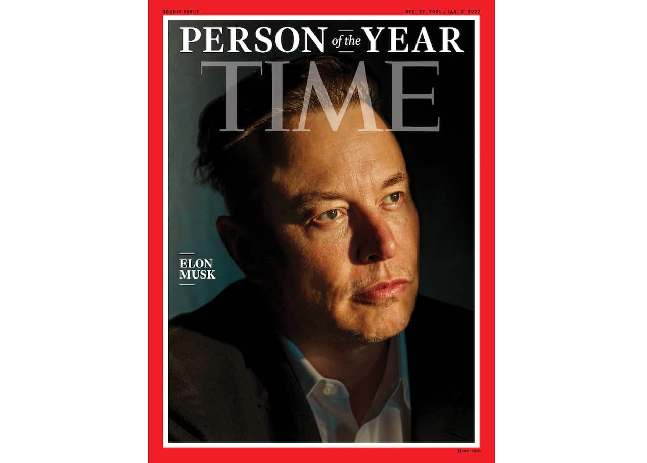 This photo provided by Time magazine shows Elon Musk on the cover of the magazine's Dec. 27 - Jan 3 double issue announcing Musk as their 2021 "Person of the Year." (Time via AP)