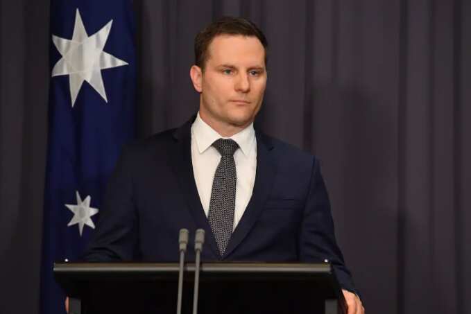 Minister for Immigration Alex Hawke at a press conference at Parliament House in Canberra. 