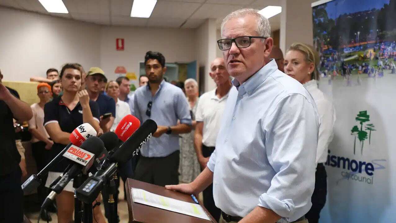 Prime Minister Scott Morrison holds a press conference following a visit to the Emergency Operations Centre in Lismore, NSW, Wednesday, 9 March, 2022. 