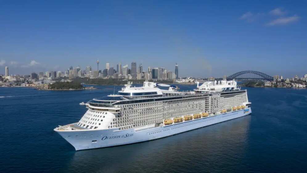 An aerial image of Royal Caribbean International's cruise ship, Ovation of the Seas, sitting empty of passengers in Sydney Harbour on 21 March 2020. 