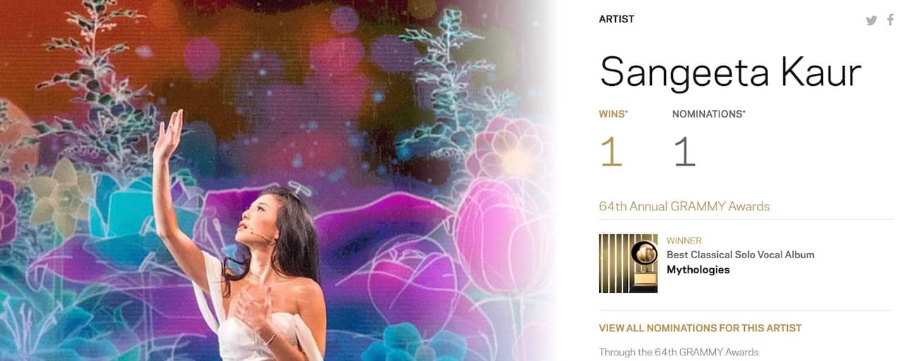 Sangeeta Kaur, Winner  Best Classical Solo Vocal Album, Mythologies, 64th Annual GRAMMY Awards